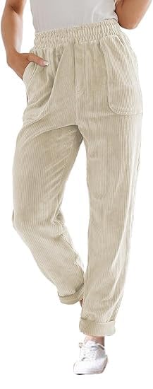 LOVESHOOT Corduroy Pants for Women Elastic High Waist Pull On Straight Leg Slacks Casual Fall Trousers with Pockets