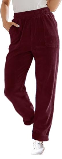 LOVESHOOT Corduroy Pants for Women Elastic High Waist Pull On Straight Leg Slacks Casual Fall Trousers with Pockets