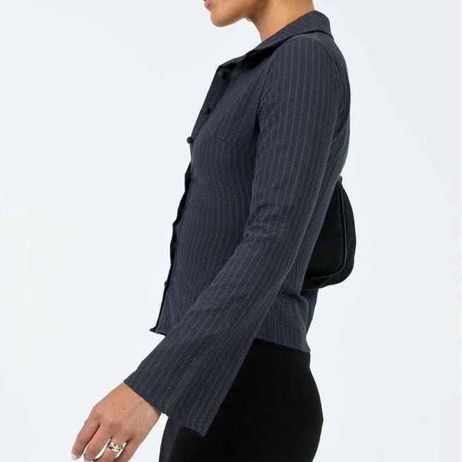 Women Pinstripe Shirt Flared Long Sleeves Button Down Fitted Crop Shirts Blouses Business Casual Top