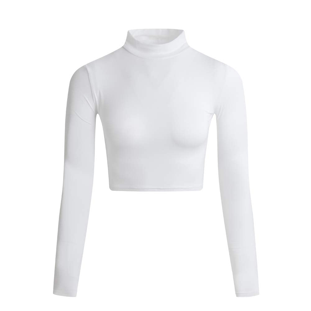 LONGBIDA Women's Long Sleeve Mock Neck Crop Tops Stretch Base Layer T-Shirt