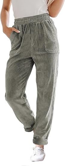 LOVESHOOT Corduroy Pants for Women Elastic High Waist Pull On Straight Leg Slacks Casual Fall Trousers with Pockets