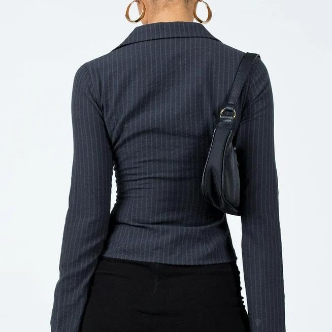 Women Pinstripe Shirt Flared Long Sleeves Button Down Fitted Crop Shirts Blouses Business Casual Top
