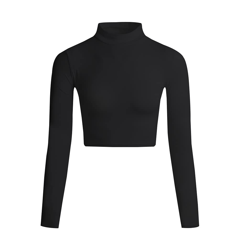 LONGBIDA Women's Long Sleeve Mock Neck Crop Tops Stretch Base Layer T-Shirt