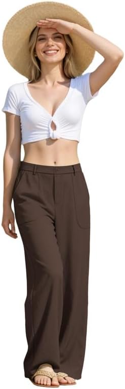 JEKAOYI Womens Cotton Linen Pants Wide Leg Casual Pull On Trousers
