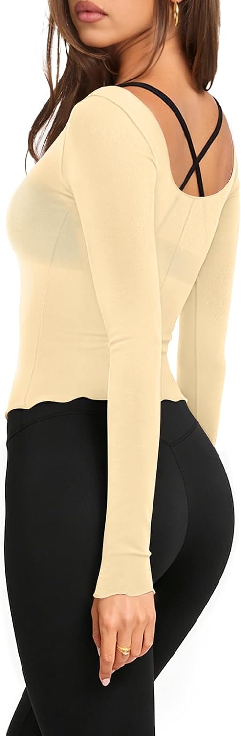 LASLULU Womens Long Sleeve Workout Tops Semi Sheer Square Neck