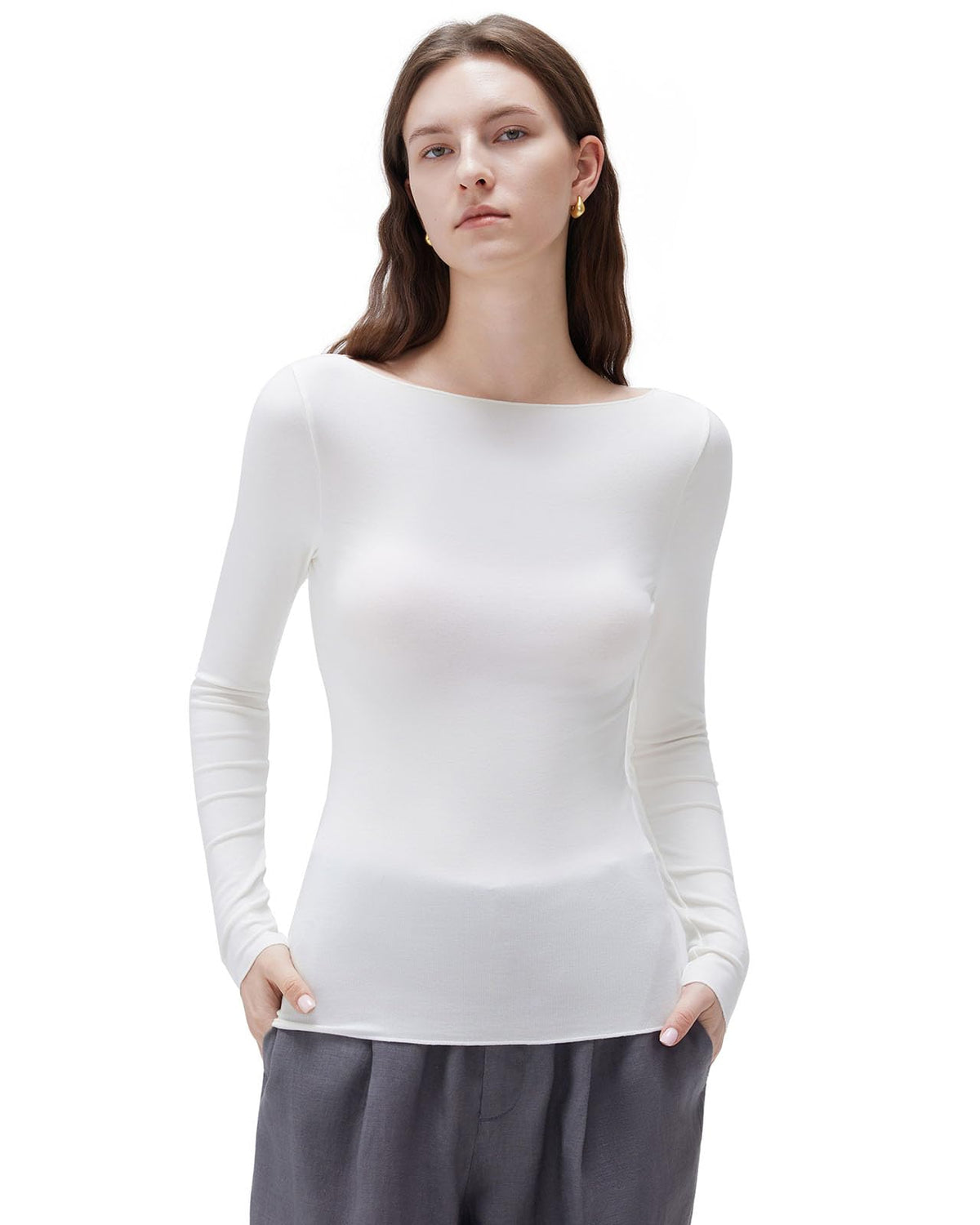 SUUKSESS Cloud Cashmere Women Boat Neck Fitted Long Sleeve Shirt Basic Knit Tops