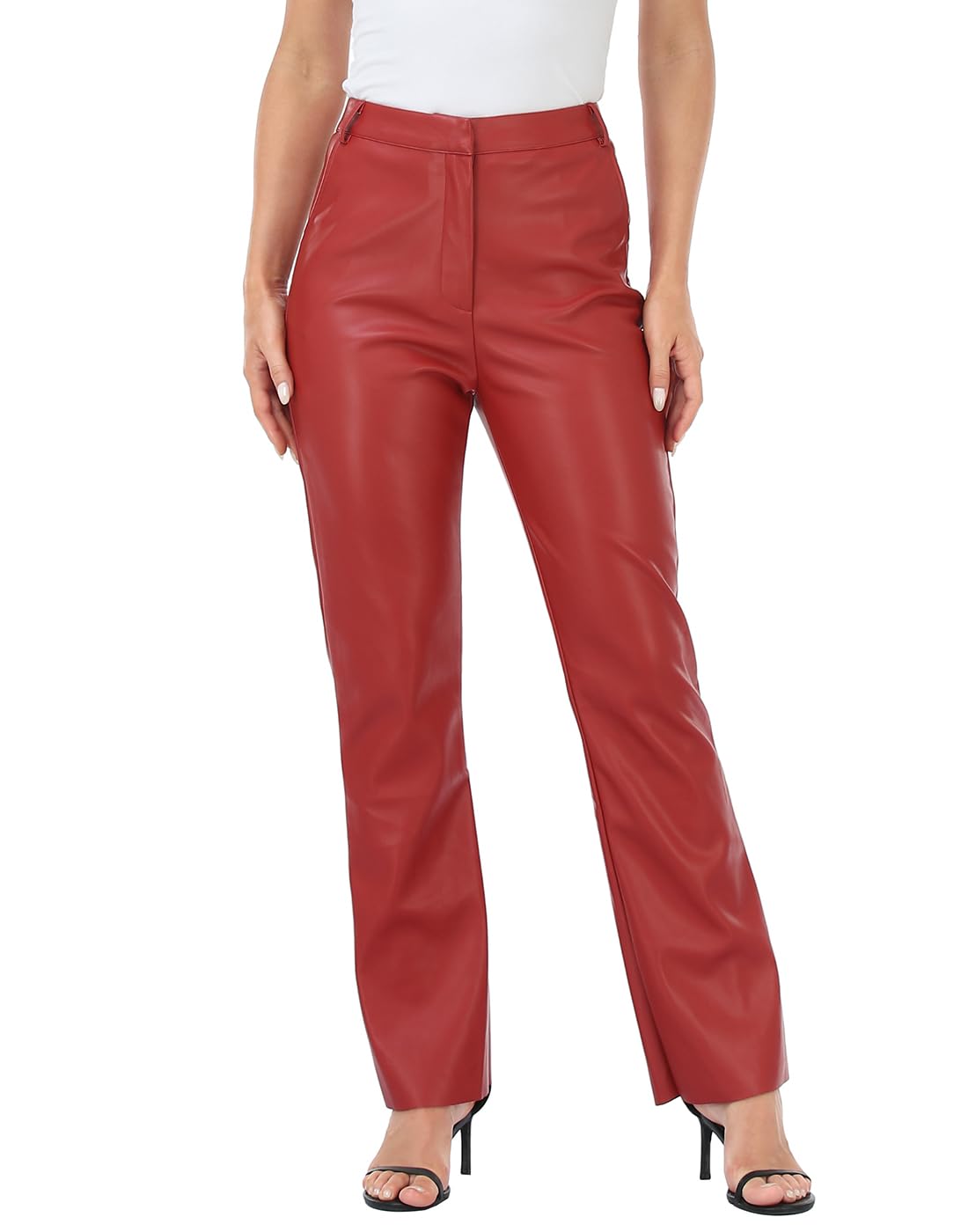 HDE Womens Faux Leather Pants High Waisted Straight Leg Trousers w/Pockets