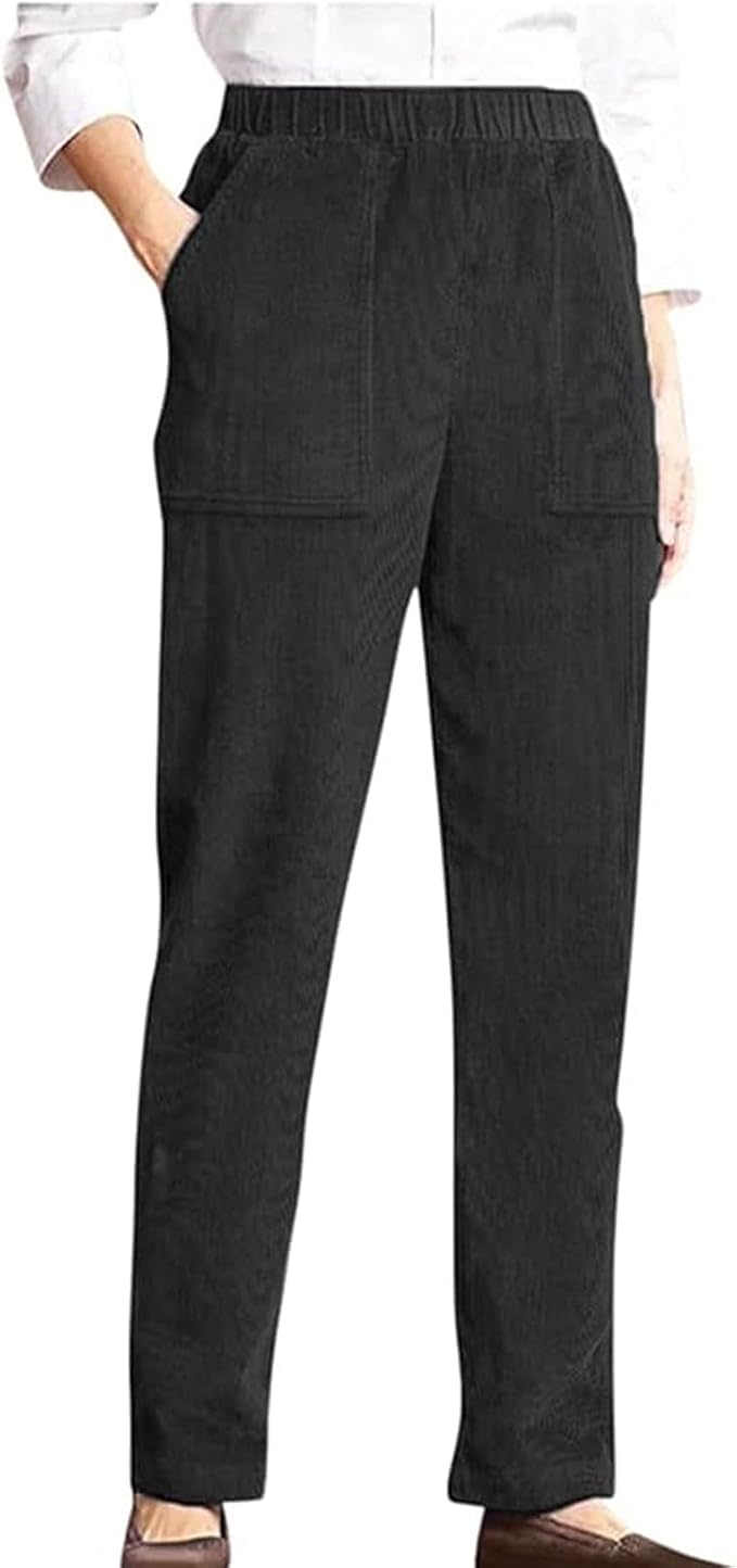 LOVESHOOT Corduroy Pants for Women Elastic High Waist Pull On Straight Leg Slacks Casual Fall Trousers with Pockets