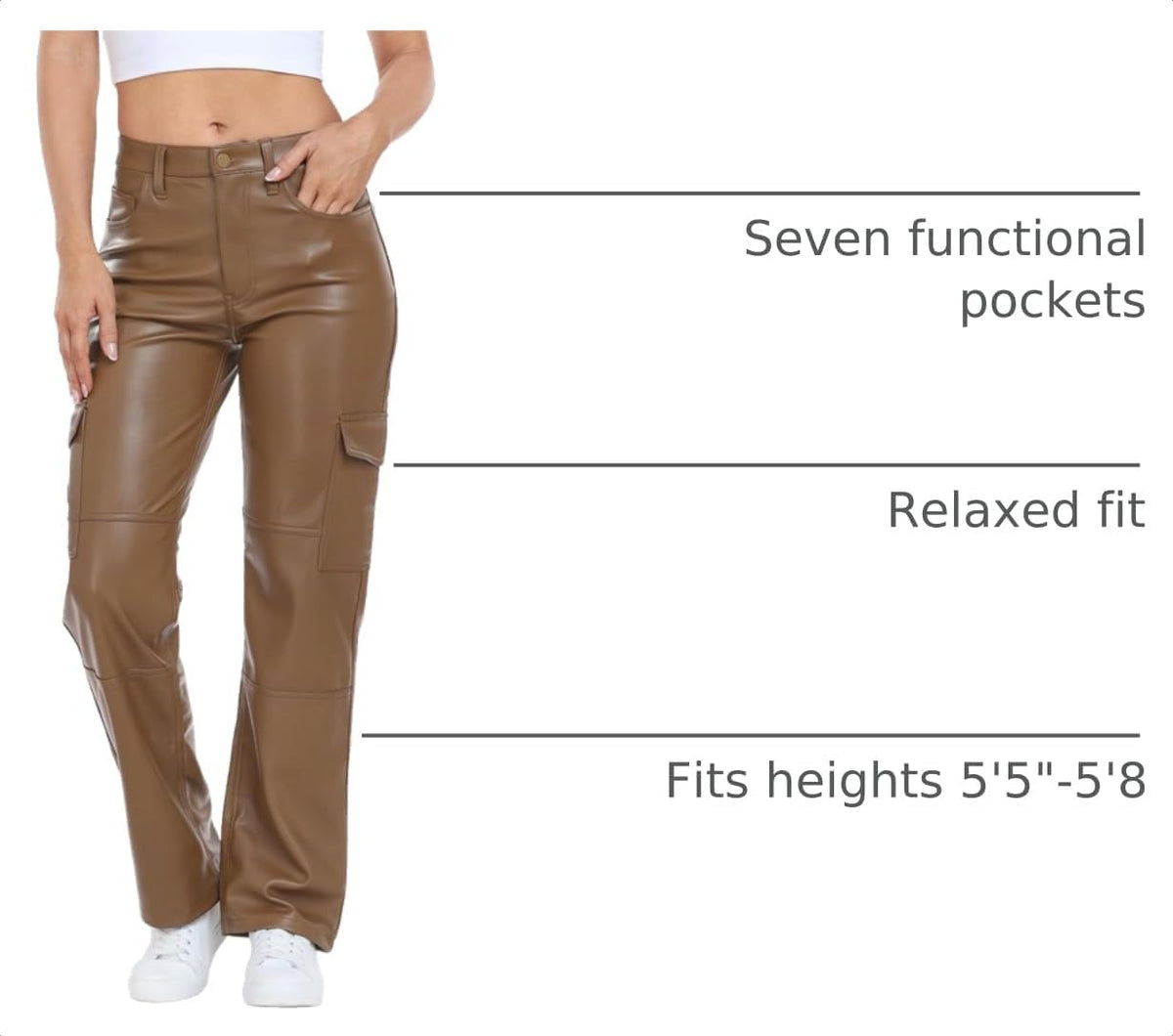 HDE Women's Faux Leather Cargo Pocket Pants High Waisted Y2K Relaxed Pant