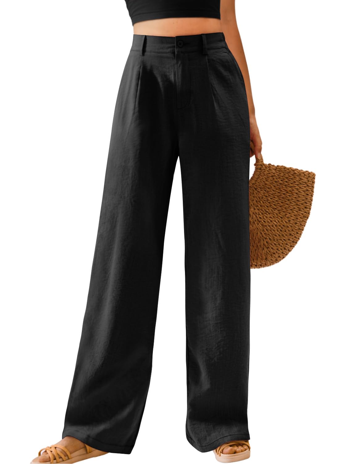 Feiersi Womens Casual Wide Leg Pants High Waisted Button Down Straight Long Trousers Palazzo Pants