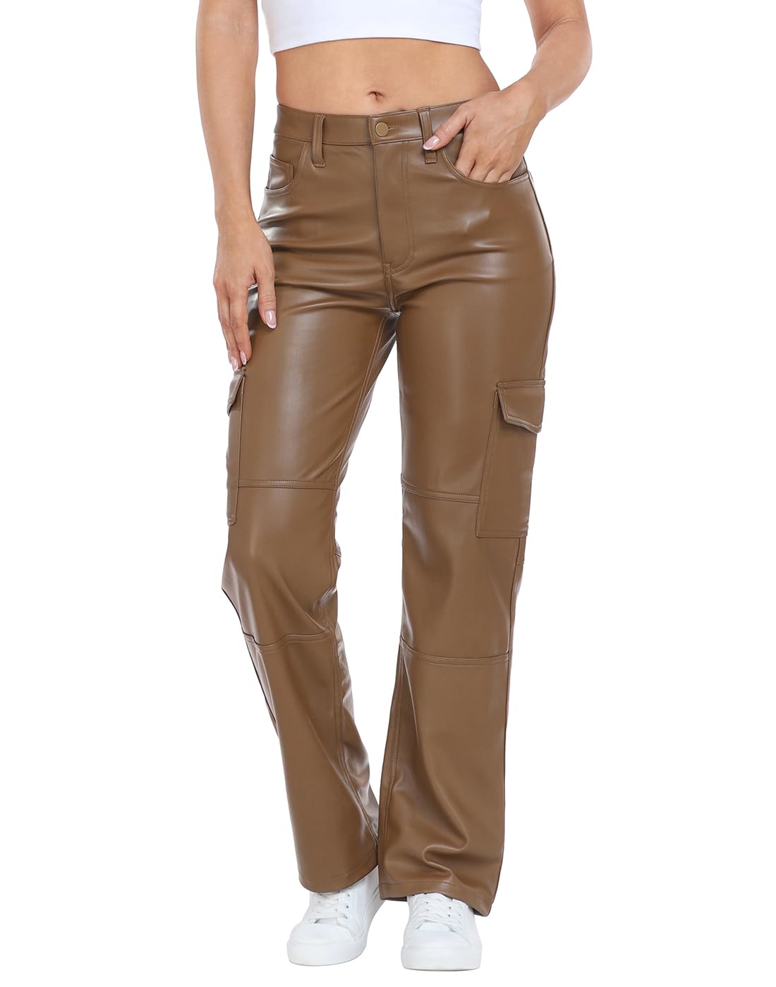 HDE Women's Faux Leather Cargo Pocket Pants High Waisted Y2K Relaxed Pant