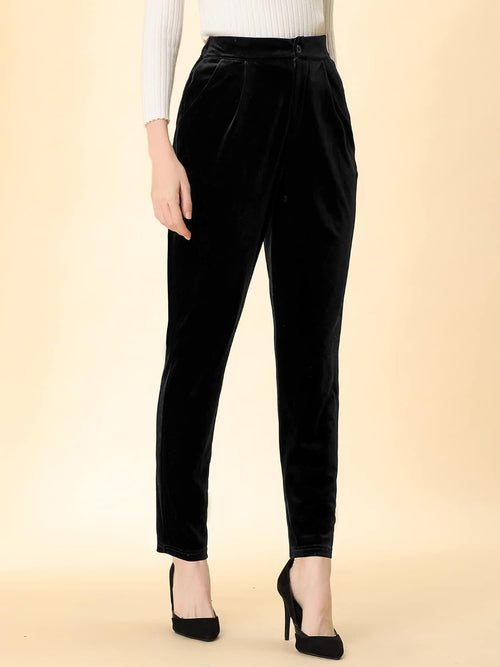 Allegra K Velvet Pants Women Dressy Straight Leg Trousers with Pockets