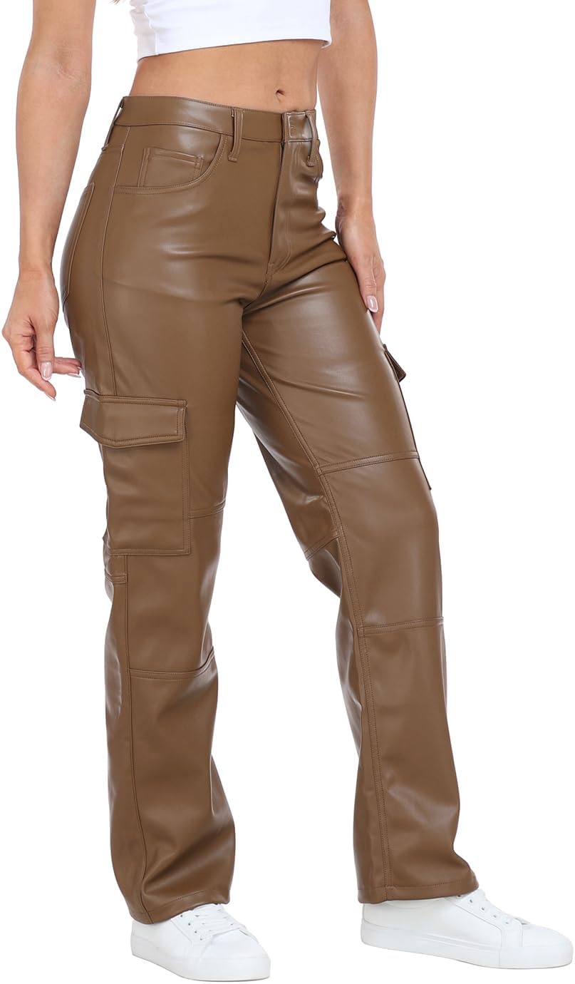 HDE Women's Faux Leather Cargo Pocket Pants High Waisted Y2K Relaxed Pant