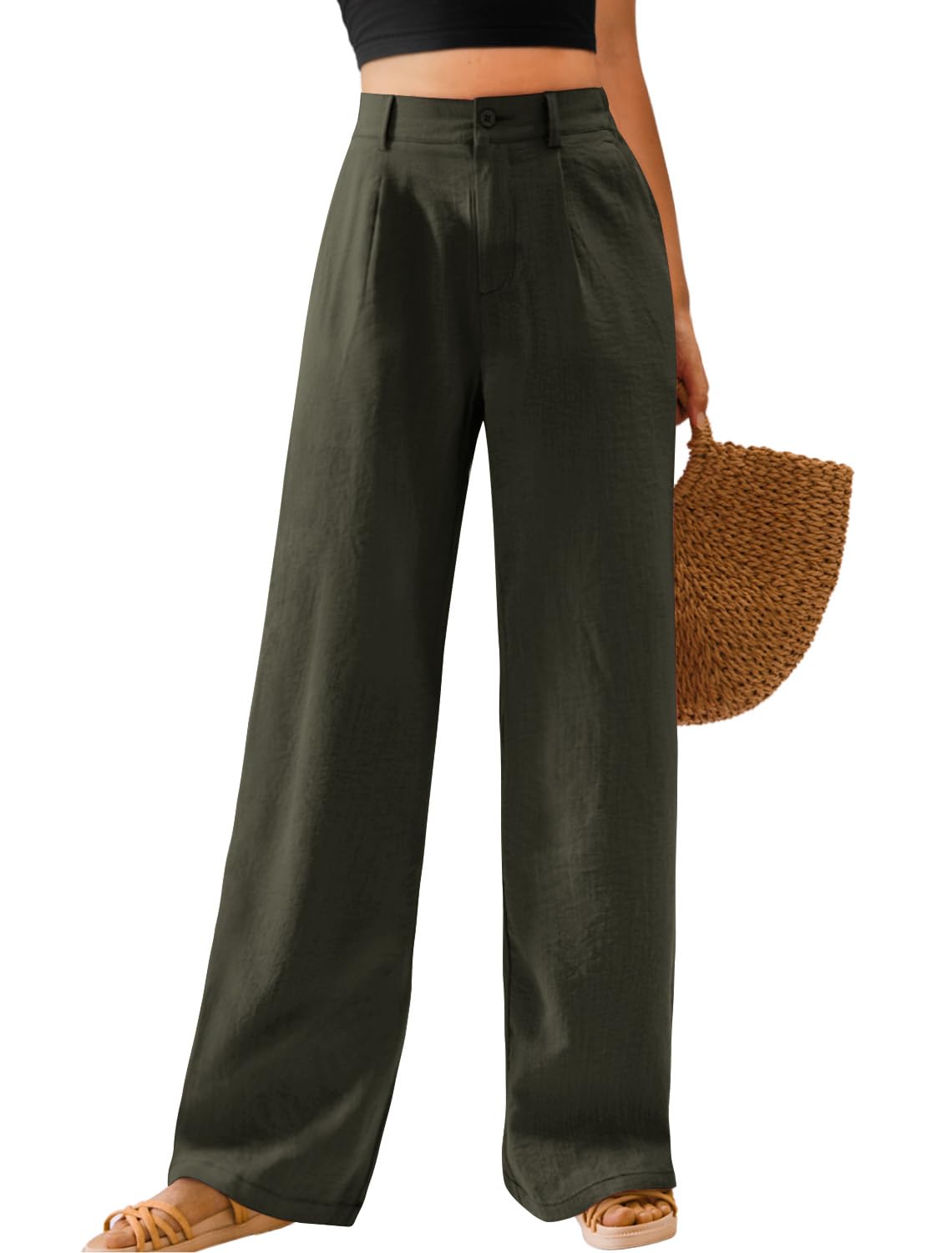Feiersi Womens Casual Wide Leg Pants High Waisted Button Down Straight Long Trousers Palazzo Pants
