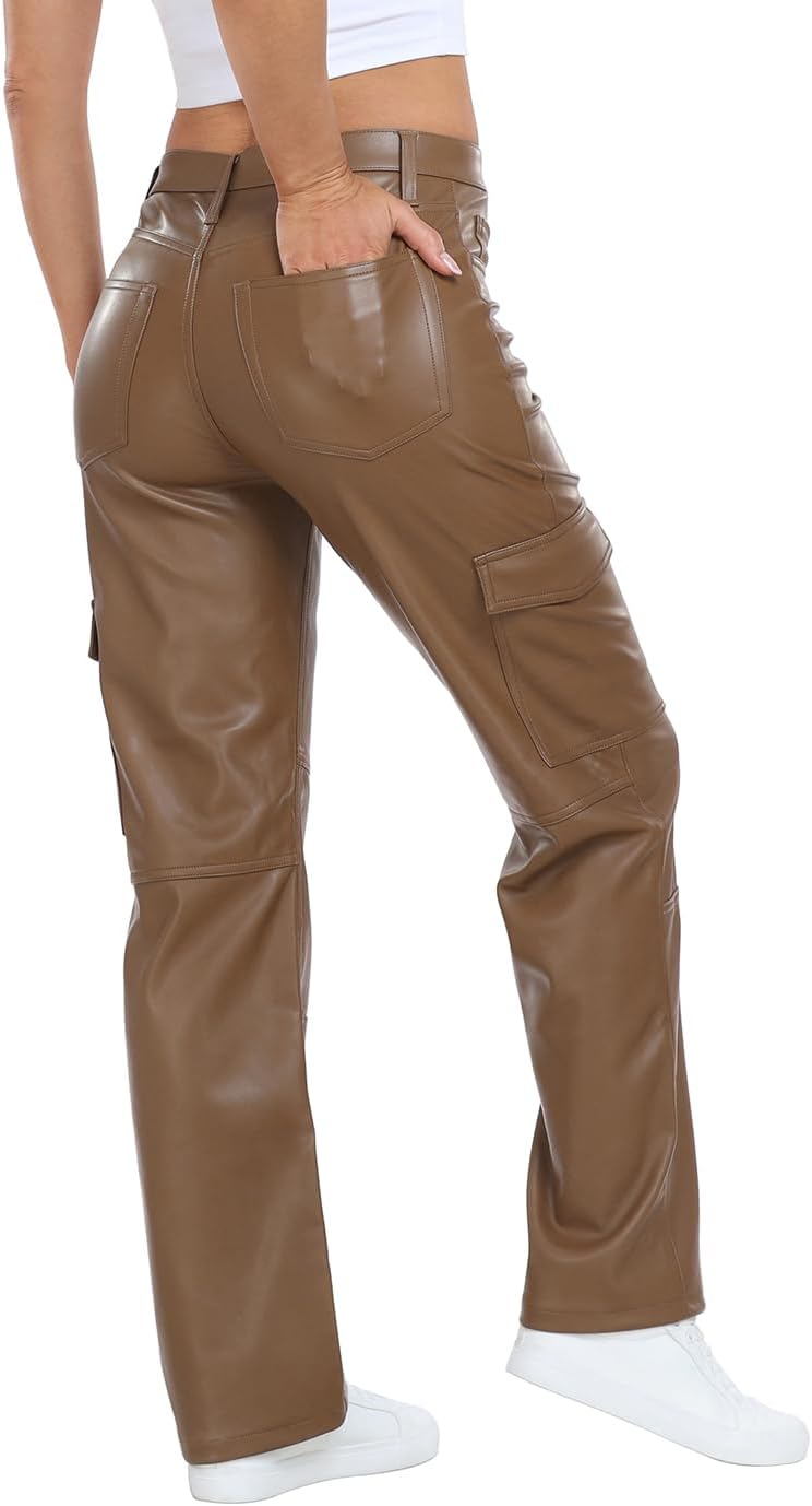 HDE Women's Faux Leather Cargo Pocket Pants High Waisted Y2K Relaxed Pant