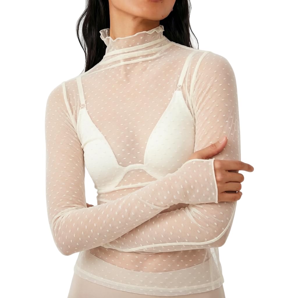 KMBANGI Women's Mesh Lace Long Sleeve Top Mock Neck Sheer Layering Tops