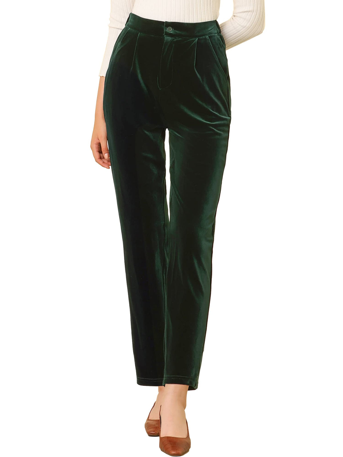 Allegra K Velvet Pants Women Dressy Straight Leg Trousers with Pockets