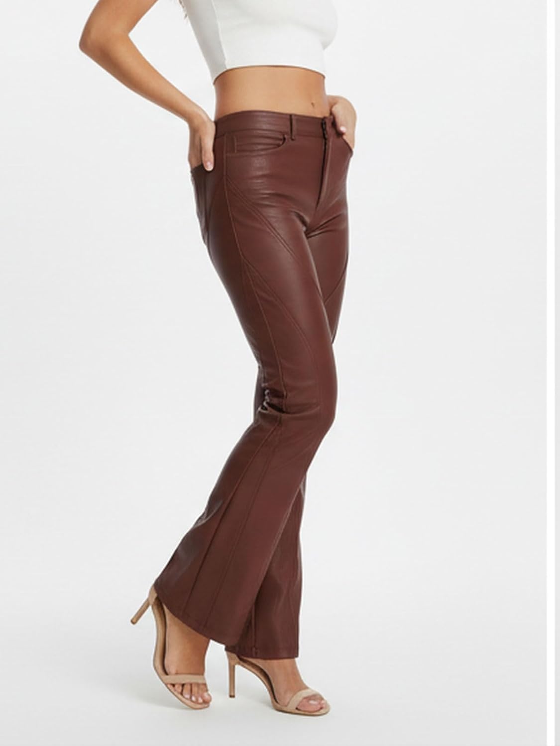 Women’s Faux Leather Flare Pants Low Waisted PU Leather Pants Stretchy Bell Bottom Trousers