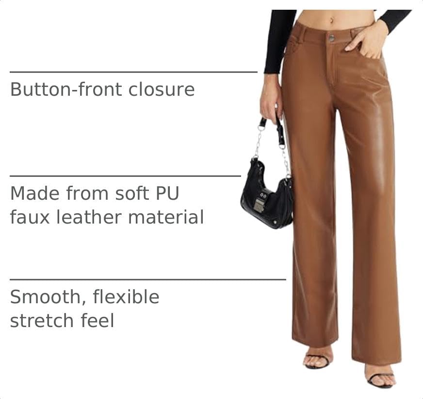 Womens Faux Leather Pants Button Straight Leg PU Jeans with Pockets