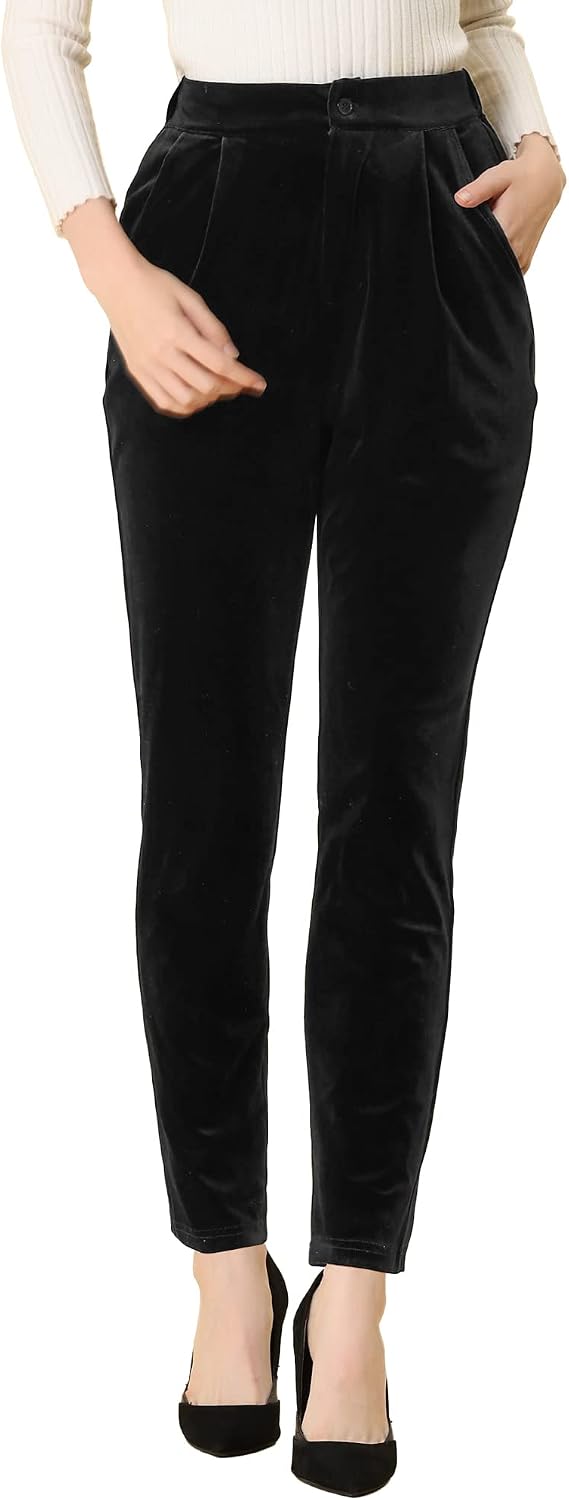 Allegra K Velvet Pants Women Dressy Straight Leg Trousers with Pockets
