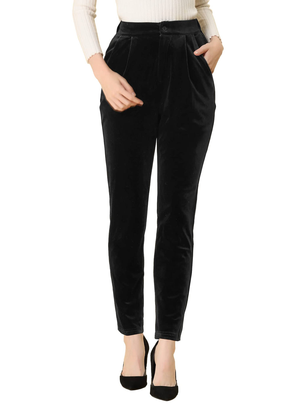 Allegra K Velvet Pants Women Dressy Straight Leg Trousers with Pockets