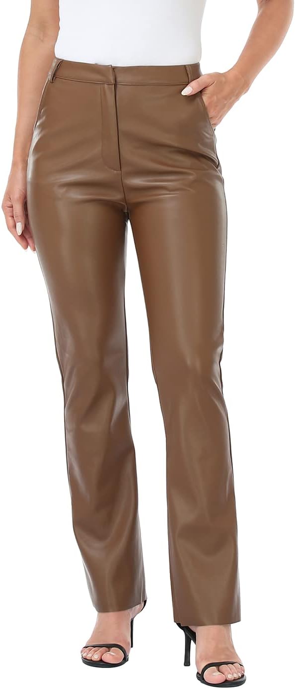 HDE Womens Faux Leather Pants High Waisted Straight Leg Trousers w/Pockets