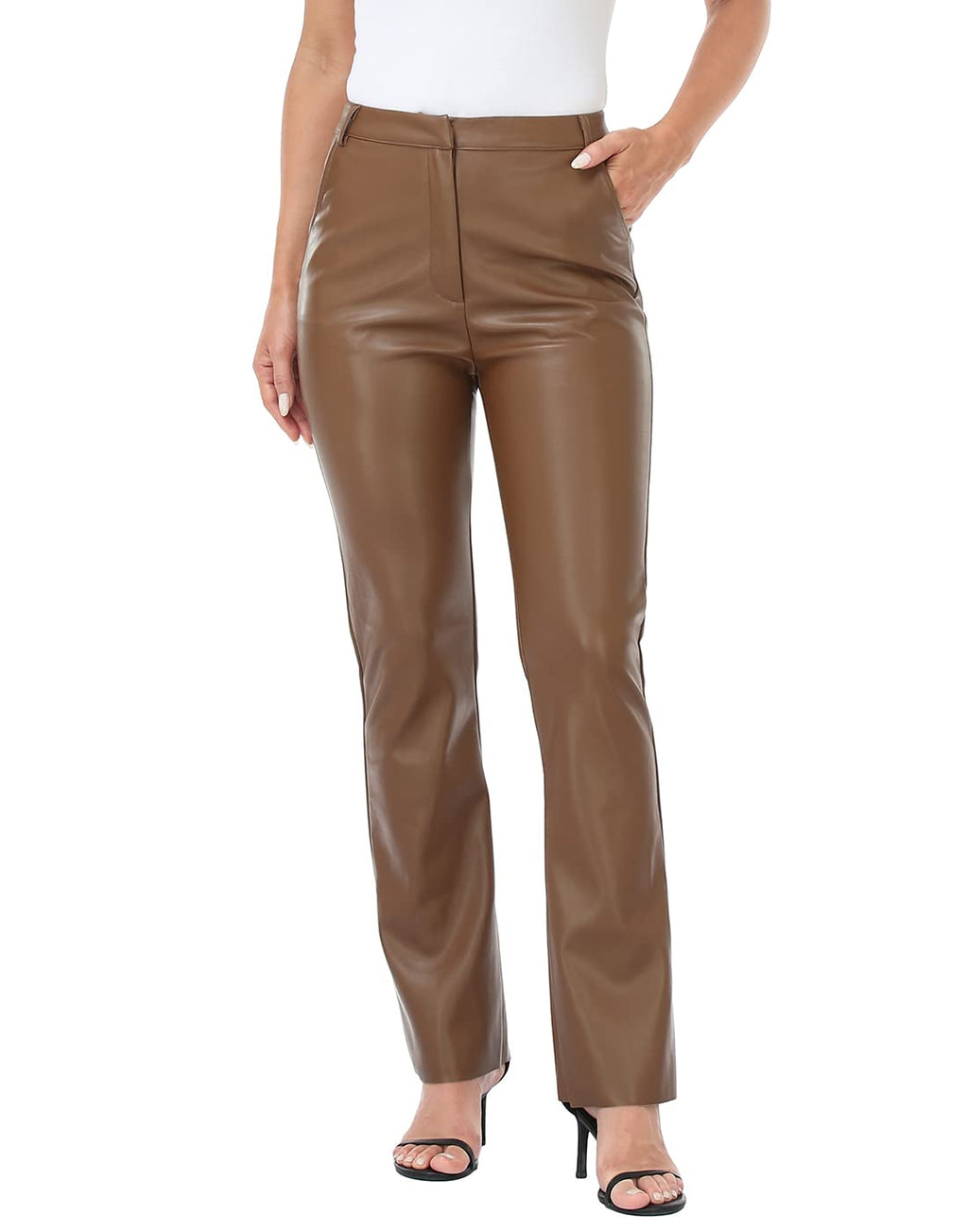 HDE Womens Faux Leather Pants High Waisted Straight Leg Trousers w/Pockets