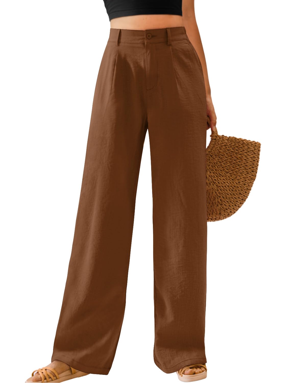Feiersi Womens Casual Wide Leg Pants High Waisted Button Down Straight Long Trousers Palazzo Pants