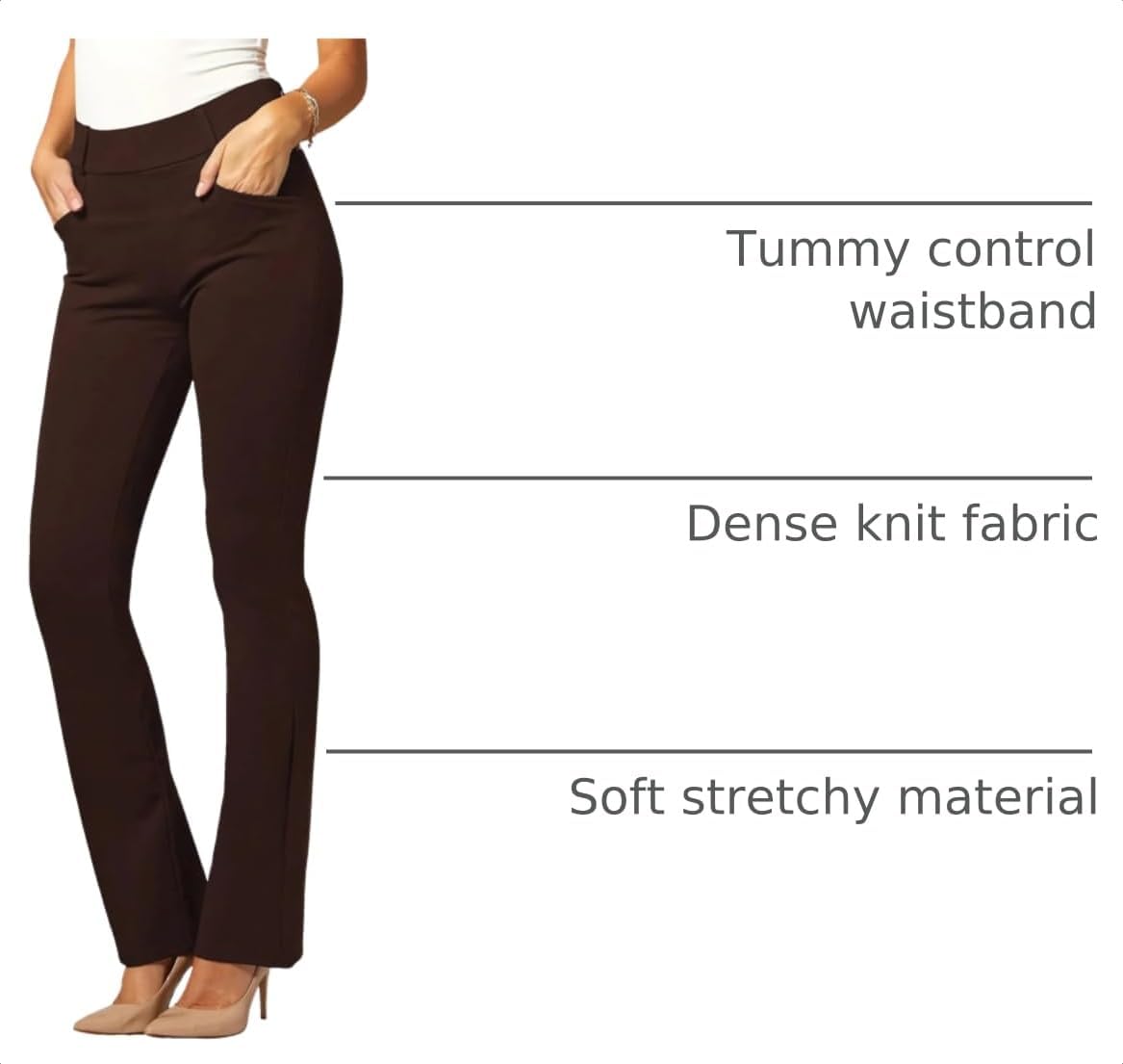 Conceited Stretch Slacks for Women - Wear to Work - Tummy Control Waistband - Bootcut Dress Pants with Pockets