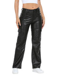 HDE Women's Faux Leather Cargo Pocket Pants High Waisted Y2K Relaxed Pant