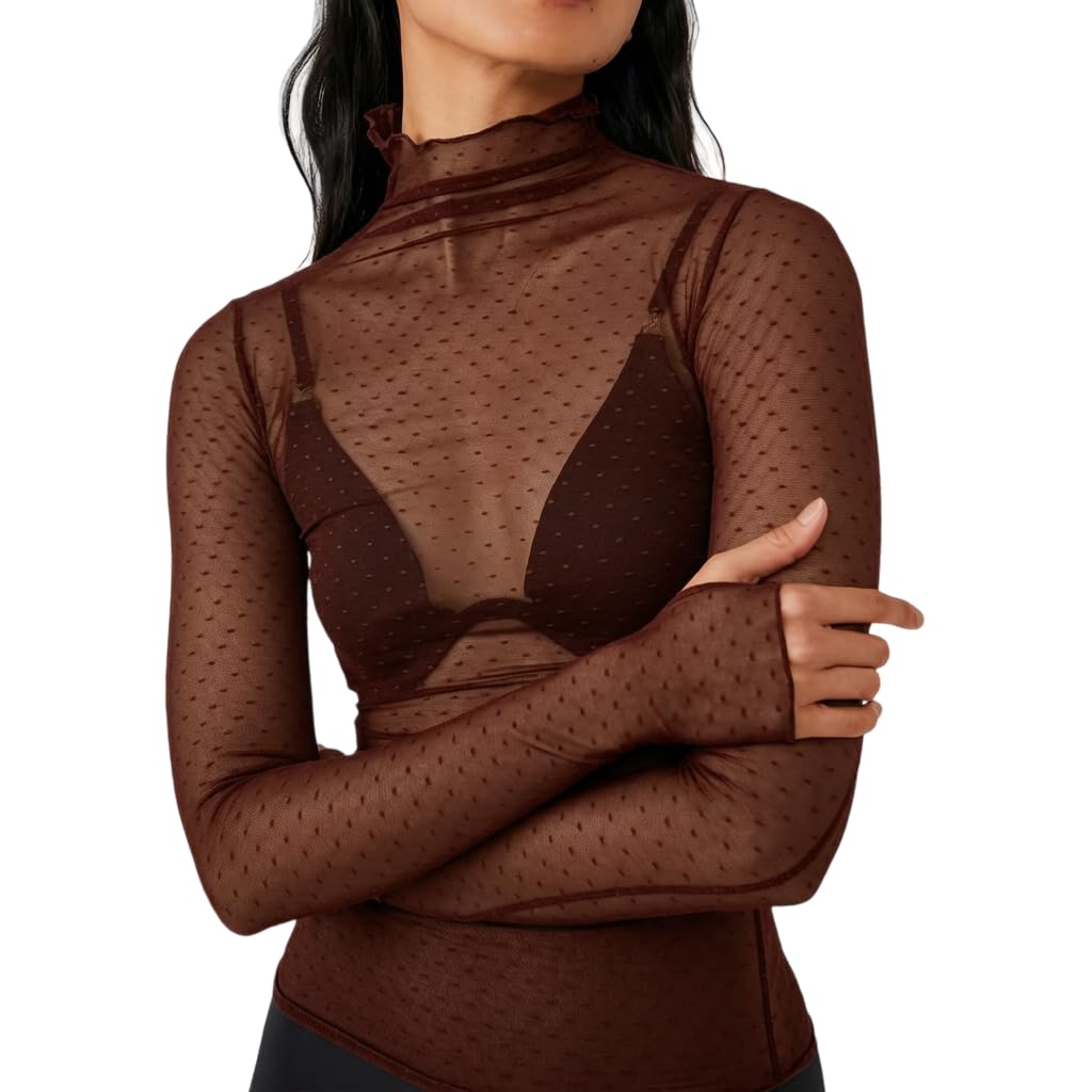 KMBANGI Women's Mesh Lace Long Sleeve Top Mock Neck Sheer Layering Tops