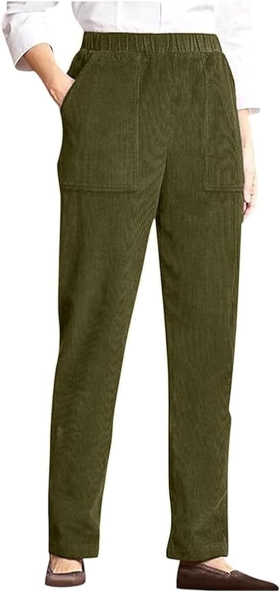 LOVESHOOT Corduroy Pants for Women Elastic High Waist Pull On Straight Leg Slacks Casual Fall Trousers with Pockets