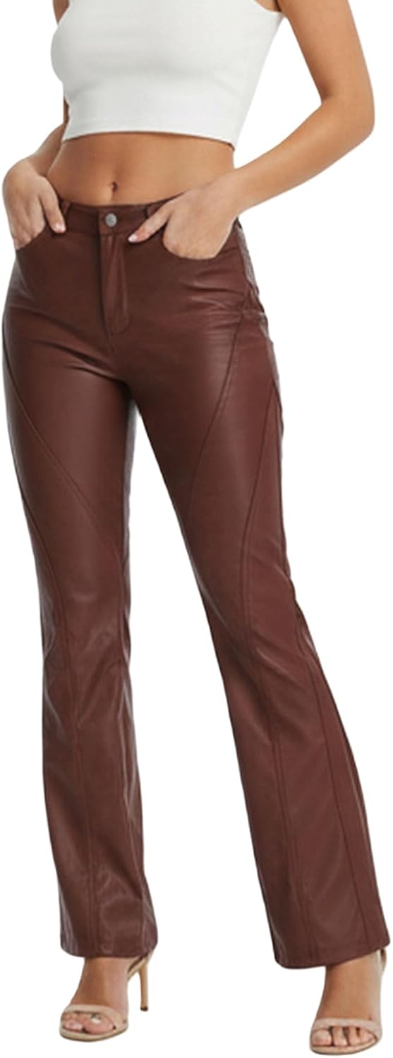 Women’s Faux Leather Flare Pants Low Waisted PU Leather Pants Stretchy Bell Bottom Trousers