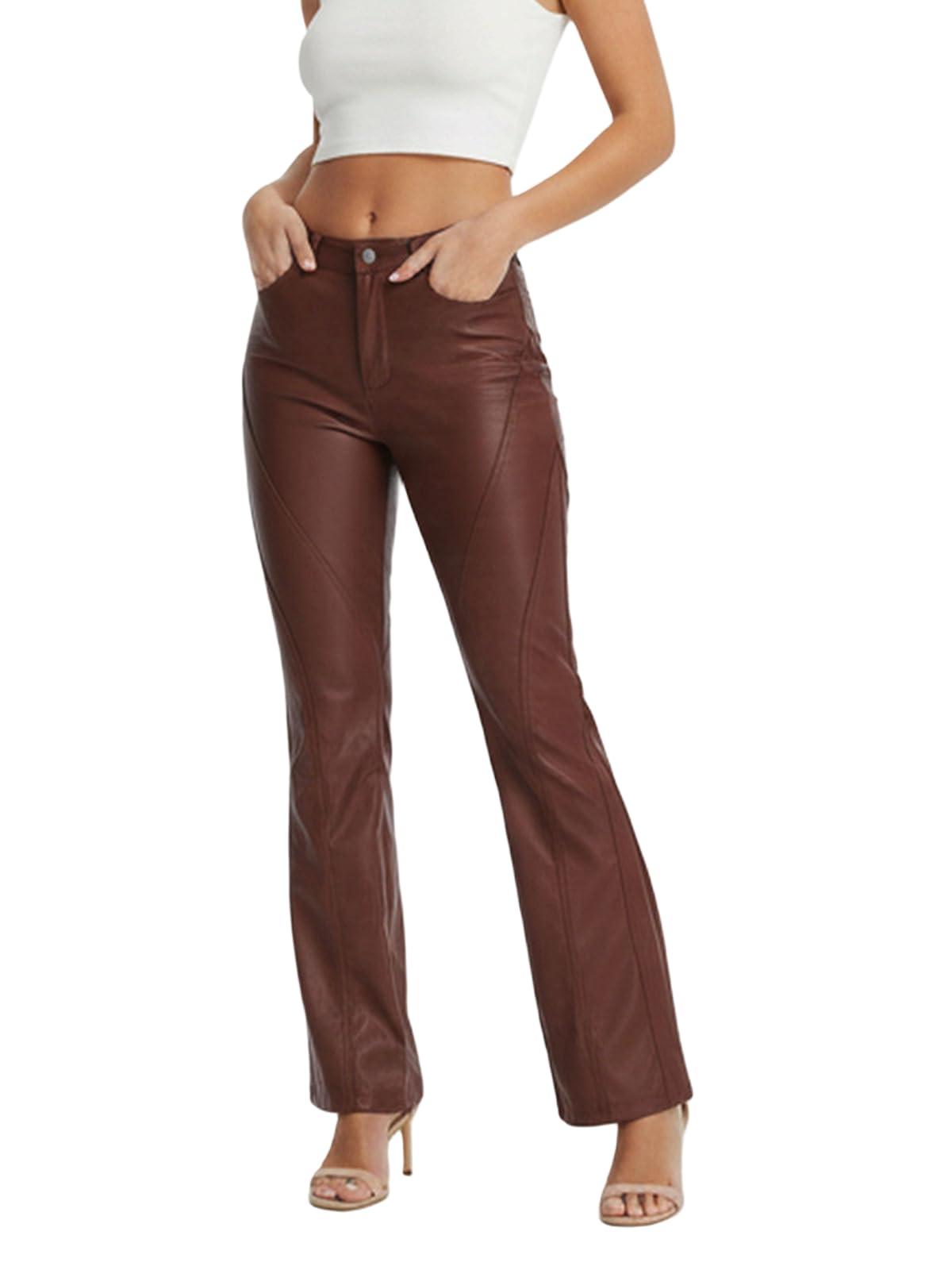 Women’s Faux Leather Flare Pants Low Waisted PU Leather Pants Stretchy Bell Bottom Trousers
