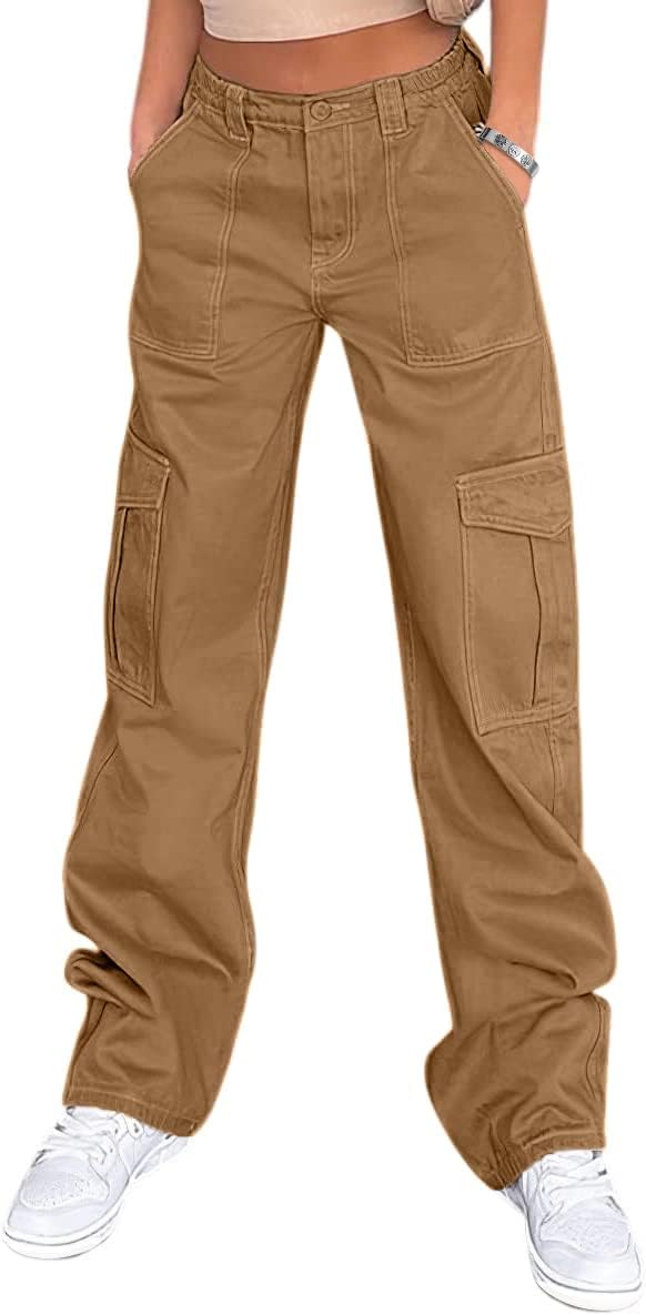 Lepunuo Cargo Pants for Women High Waisted Casual Pants Baggy Stretchy Wide Leg Y2K Streetwear with 6 Pockets