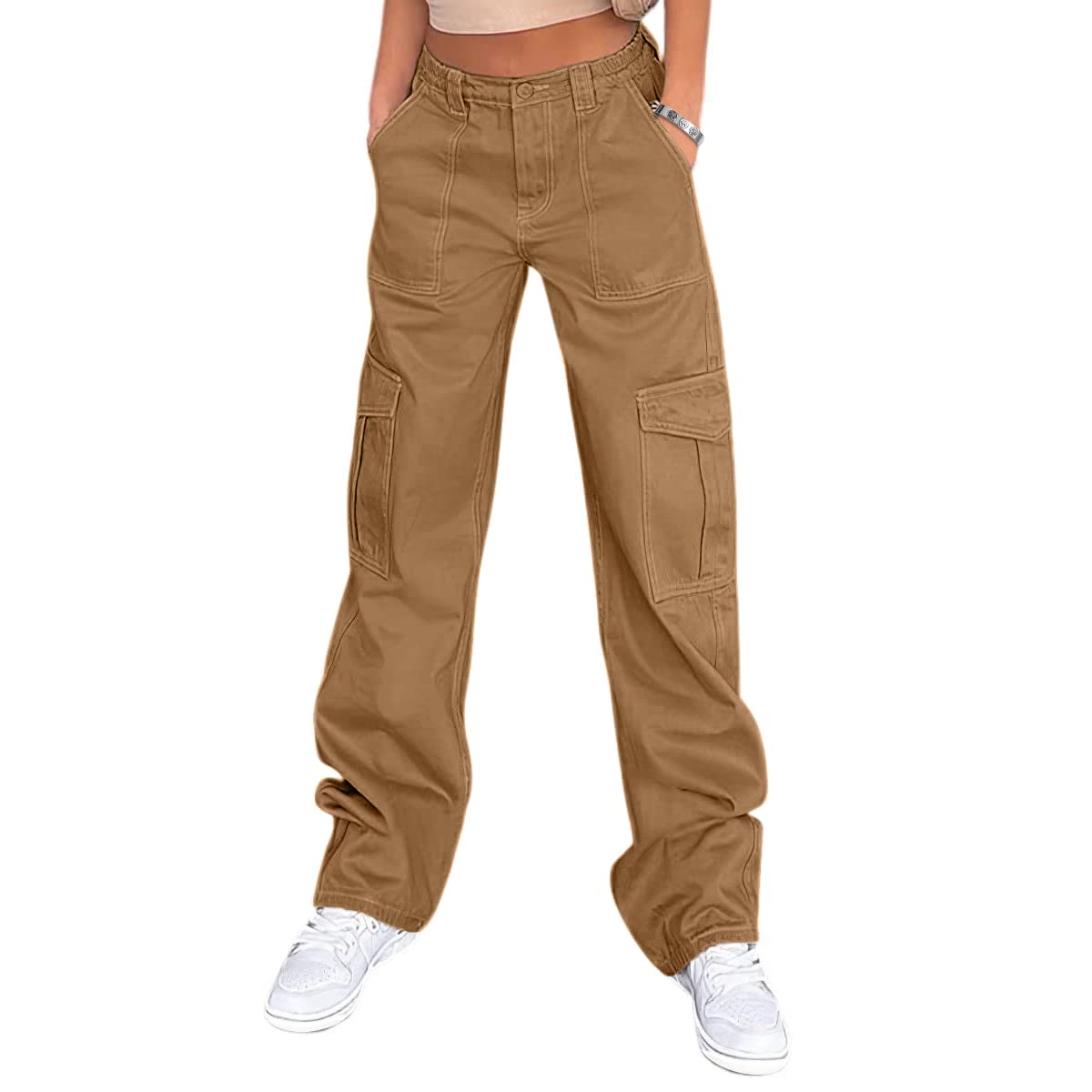 Lepunuo Cargo Pants for Women High Waisted Casual Pants Baggy Stretchy Wide Leg Y2K Streetwear with 6 Pockets