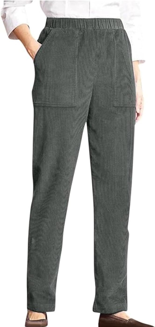 LOVESHOOT Corduroy Pants for Women Elastic High Waist Pull On Straight Leg Slacks Casual Fall Trousers with Pockets