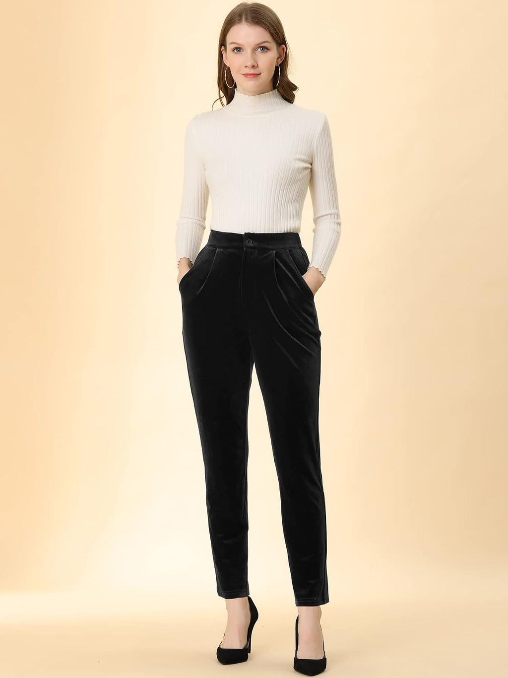 Allegra K Velvet Pants Women Dressy Straight Leg Trousers with Pockets