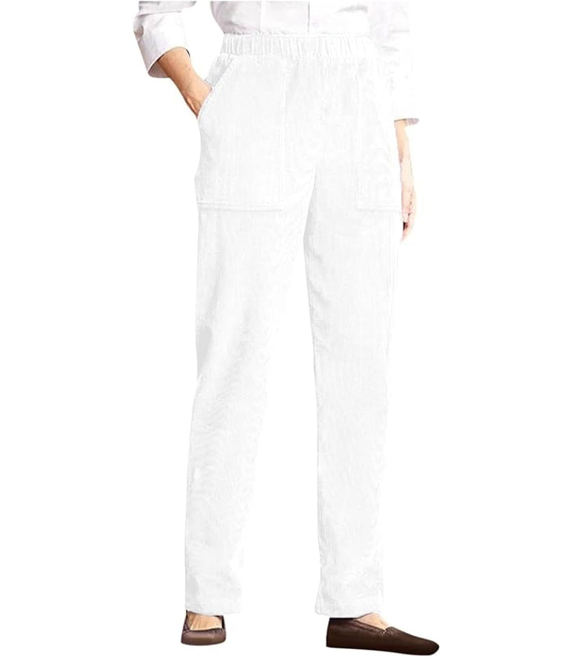 LOVESHOOT Corduroy Pants for Women Elastic High Waist Pull On Straight Leg Slacks Casual Fall Trousers with Pockets