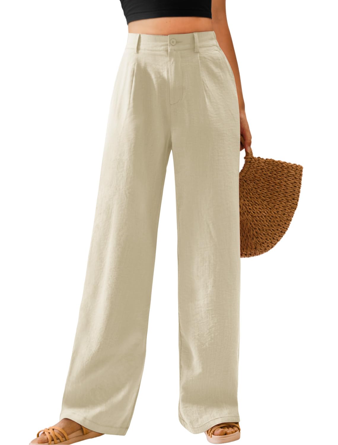 Feiersi Womens Casual Wide Leg Pants High Waisted Button Down Straight Long Trousers Palazzo Pants