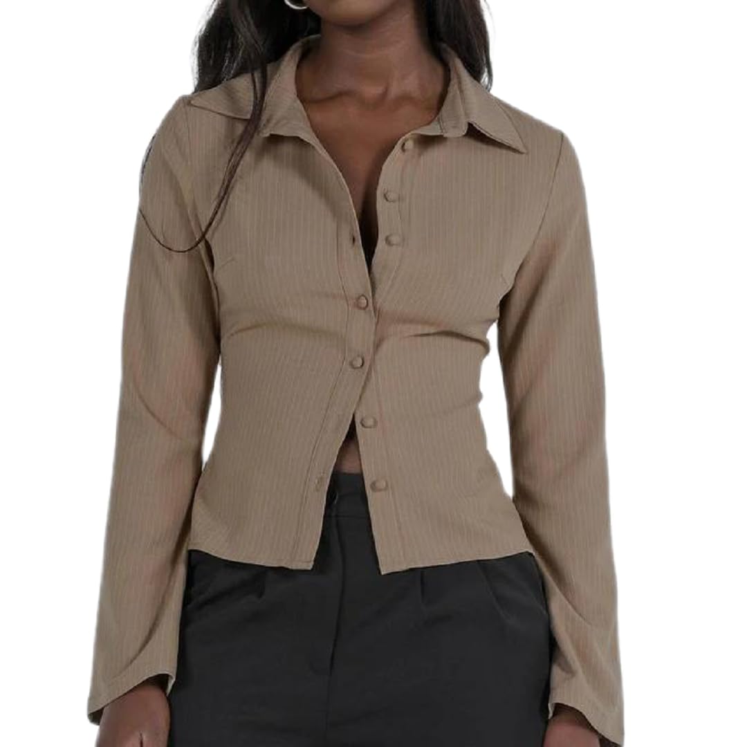 Women Pinstripe Shirt Flared Long Sleeves Button Down Fitted Crop Shirts Blouses Business Casual Top