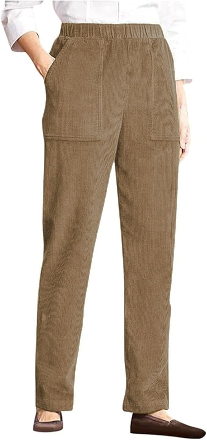 LOVESHOOT Corduroy Pants for Women Elastic High Waist Pull On Straight Leg Slacks Casual Fall Trousers with Pockets