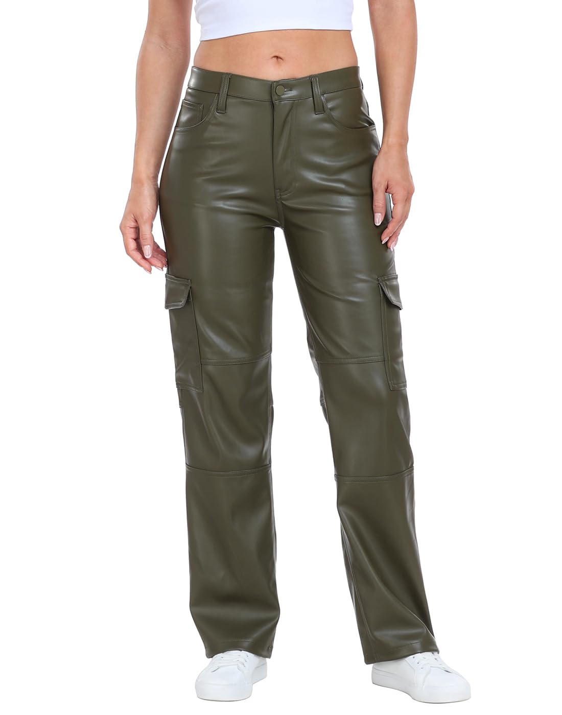 HDE Women's Faux Leather Cargo Pocket Pants High Waisted Y2K Relaxed Pant