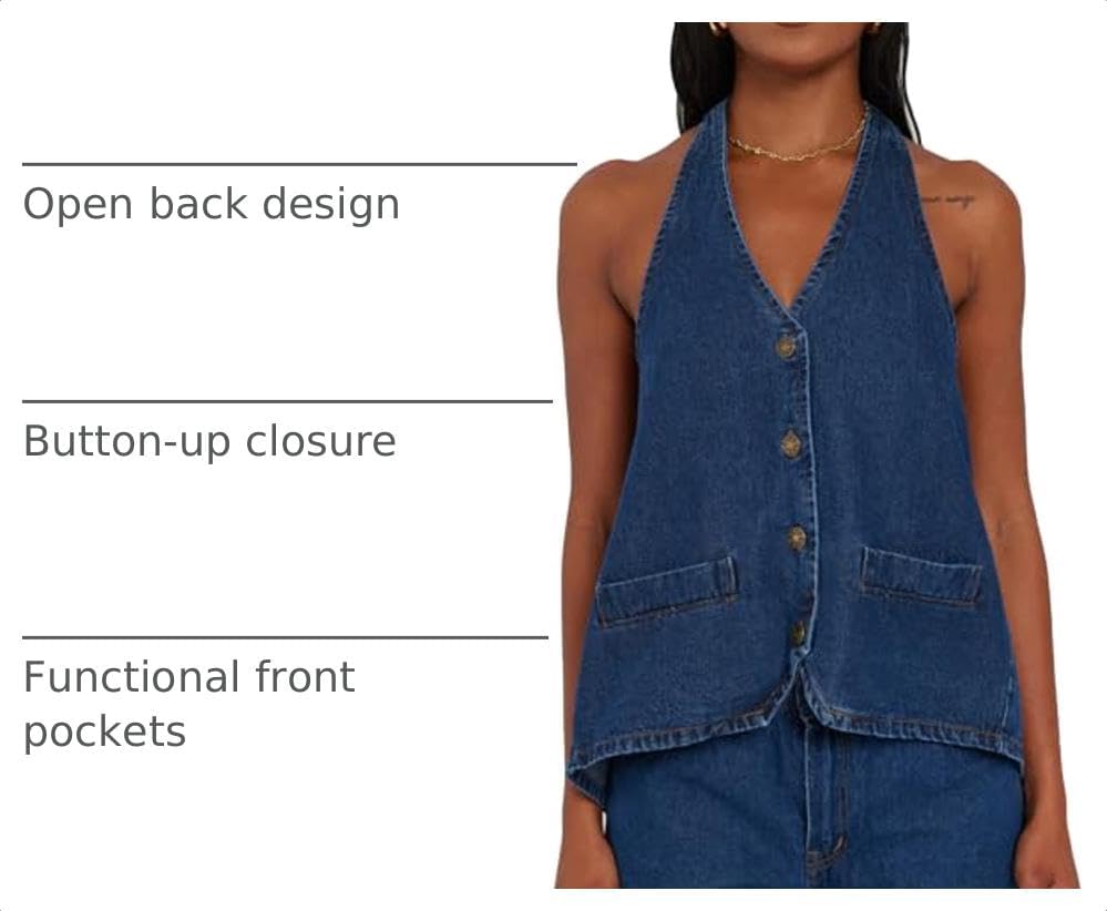 Kedera Women Halter Denim Vest Top V Neck Button Up Backless Jean Tank Top