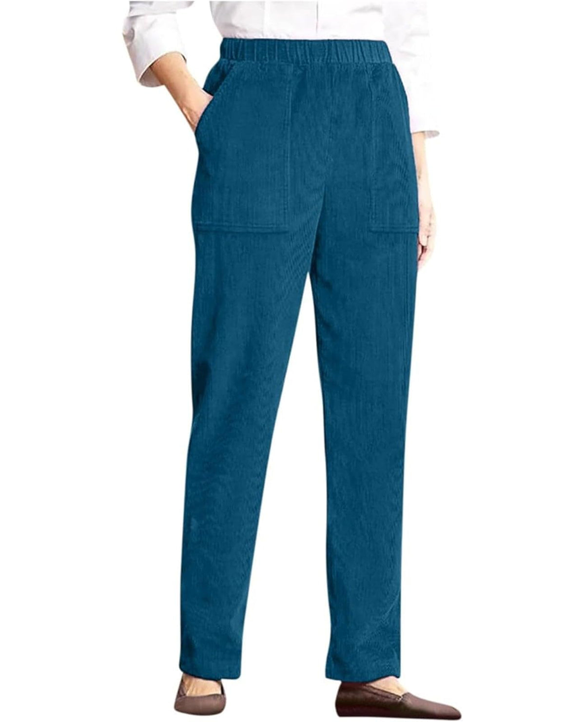 LOVESHOOT Corduroy Pants for Women Elastic High Waist Pull On Straight Leg Slacks Casual Fall Trousers with Pockets