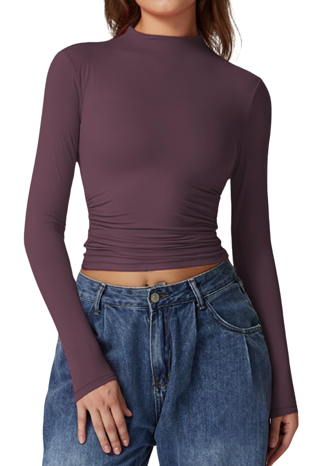QINSEN Womens Mock Neck Long Sleeve Shirt Double Lined Basic Tees Side Ruched Going Out Crop Tops