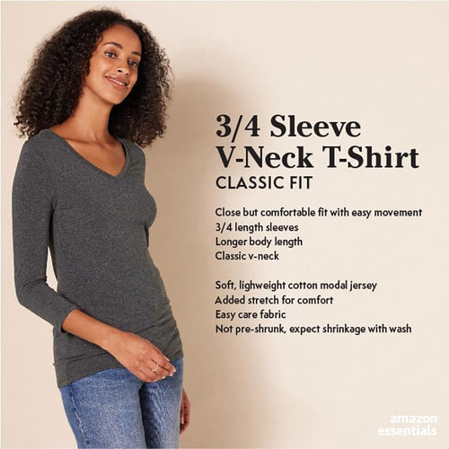 Amazon Essentials Women's Regular-Fit 3/4 Sleeve V-Neck Cotton Modal T-Shirt (Available in Plus Size)