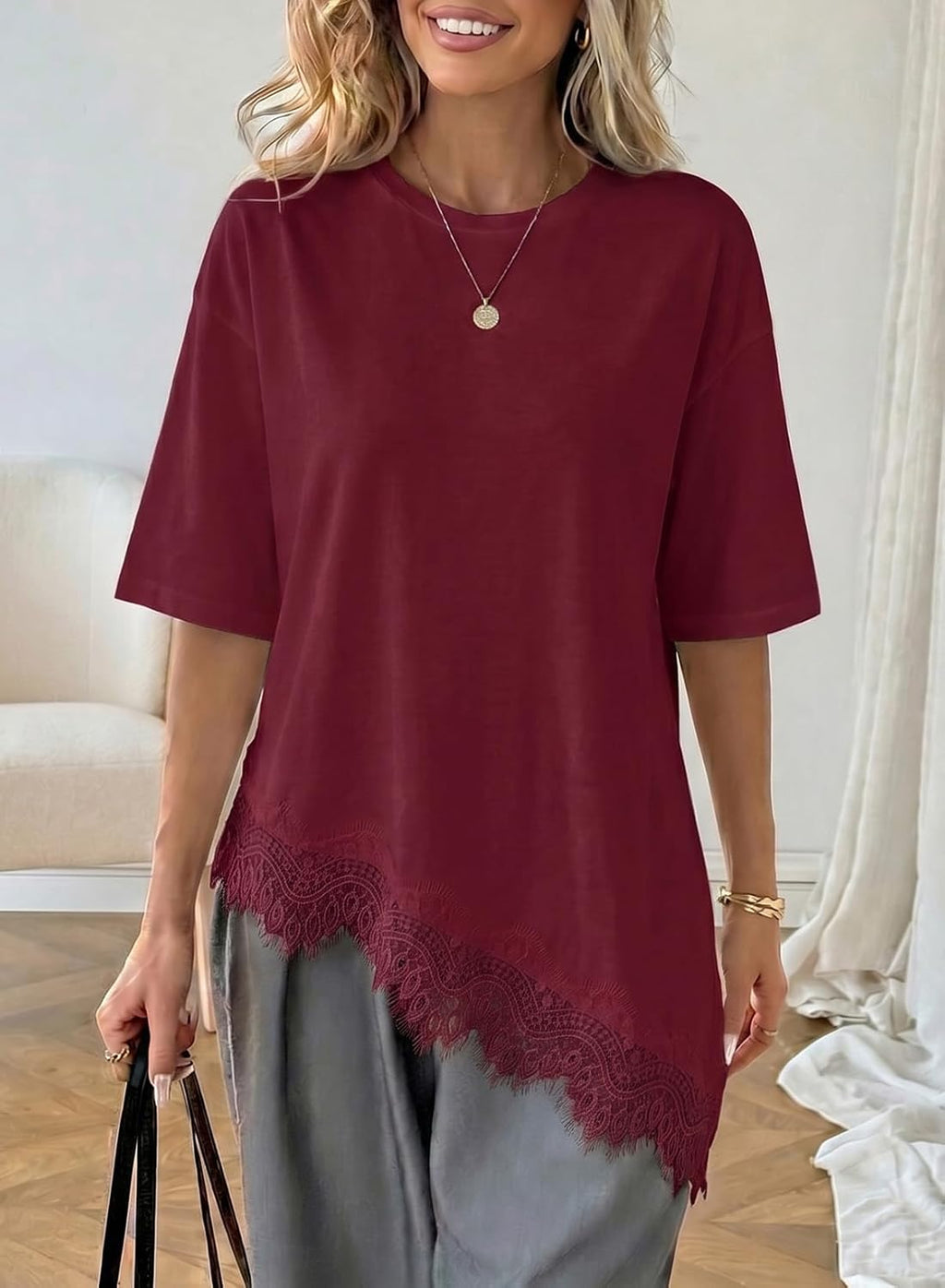 LOLONG Women Casual Crew Neck Half Sleeve Shirts Asymmetrical Lace Hem Tops