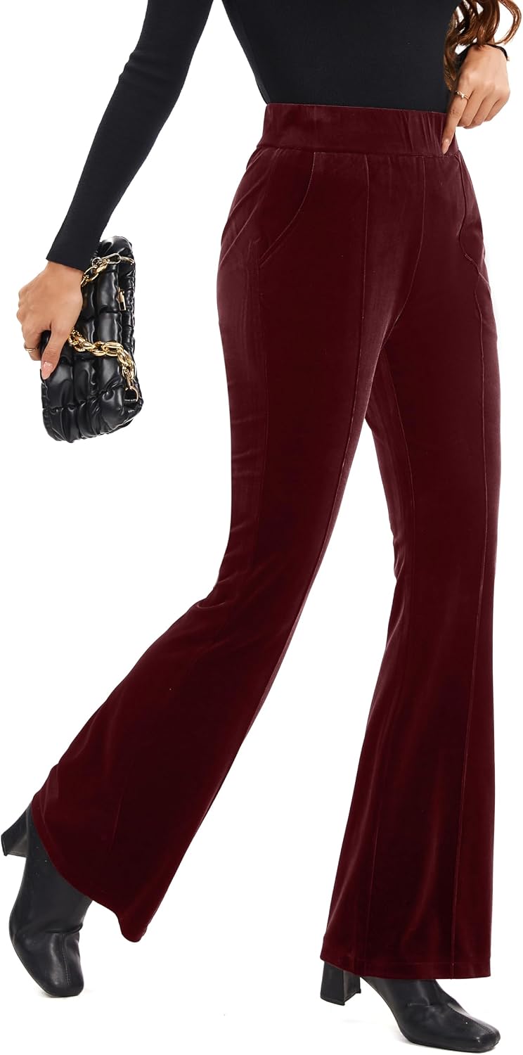 FUNYYZO Velvet Pants Women Flare Pull On Elastic Waist Holiday Outfits