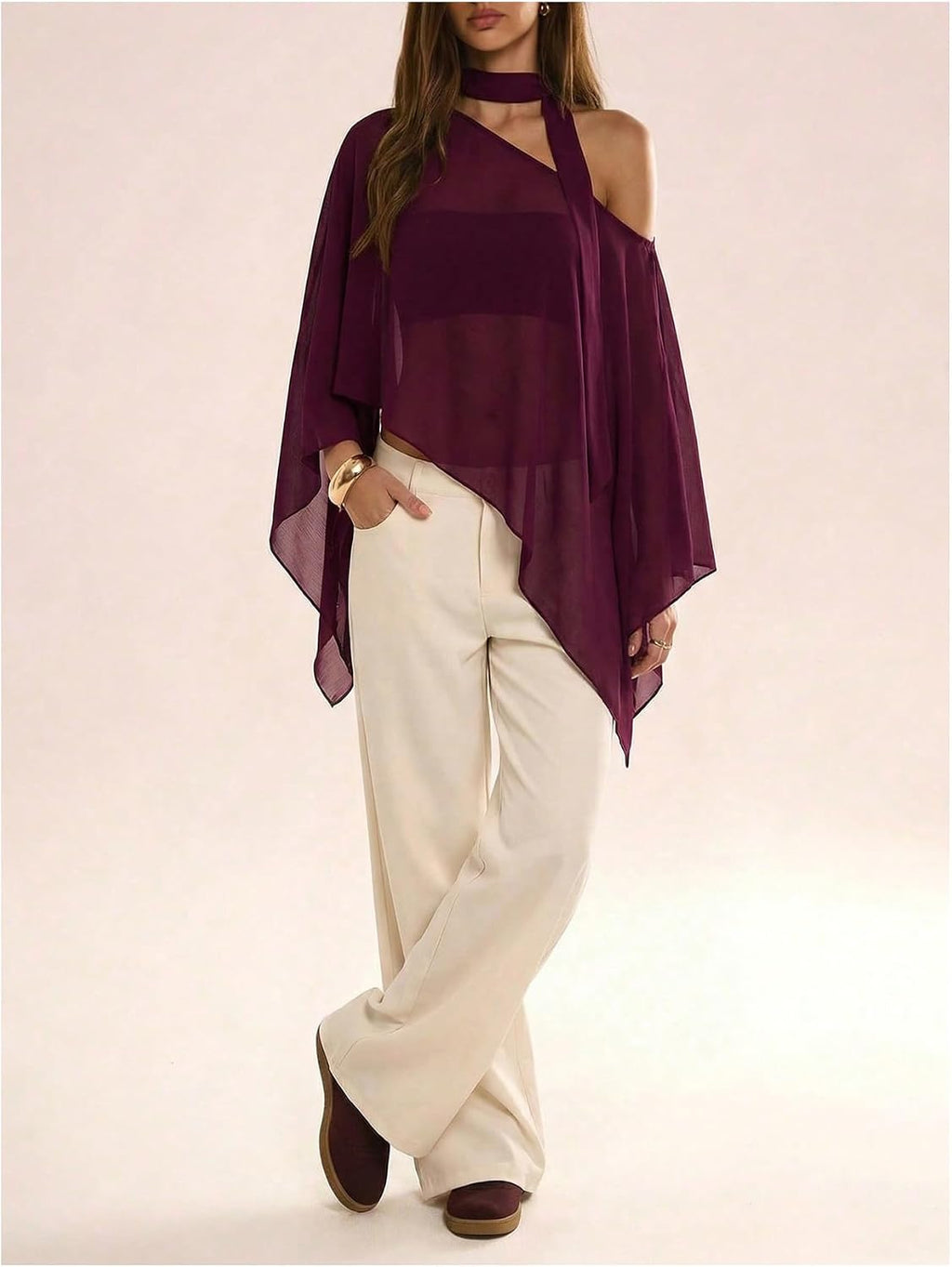 WDIRARA Women's Poncho Top Off The Shoulder Tops Y2k Flowy with Scarf